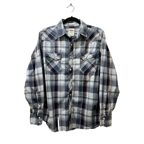 2/$30 Fossil 54 Vintage Fit Plaid Pearl Snap Button Up Shirt Mens M Blue Western - Picture 1 of 9
